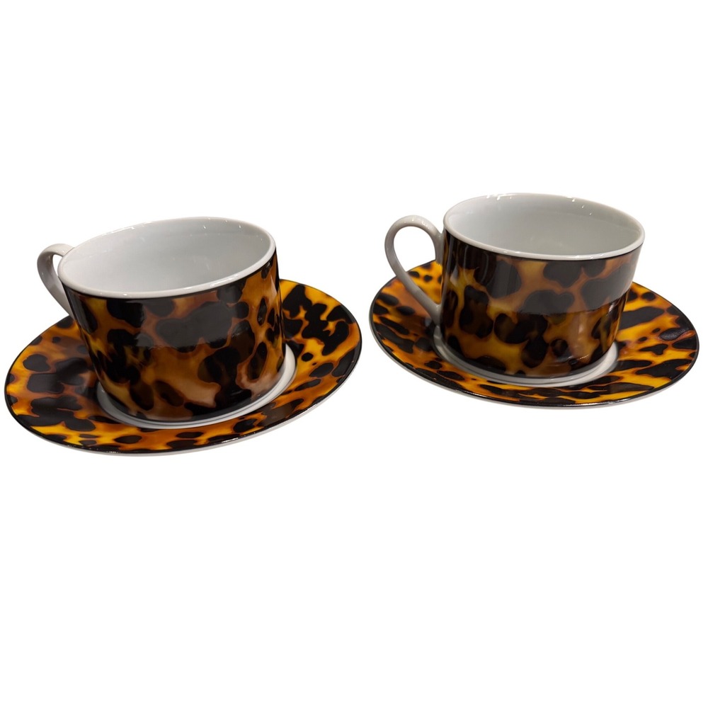 Vintage Nicole Miller Tortoise Sakura Porcelain Flat Cups Saucers Set of 2 Pairs